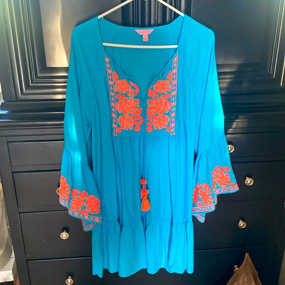 Lilly Pulitzer Turquoise Dress with Coral Embroidery